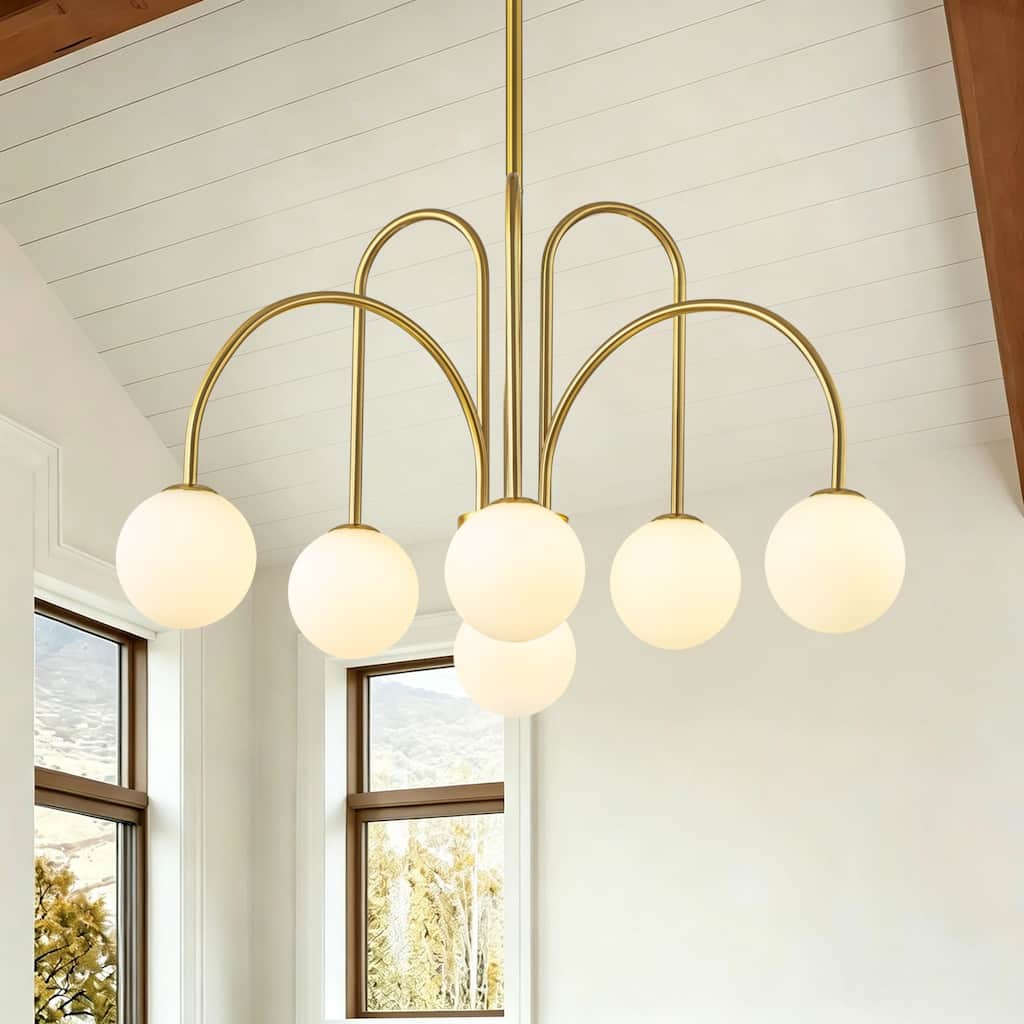 6-Light Modern Gold Chandelier Linear Sputnik Frosted Glass Globe Chandelier Pendant