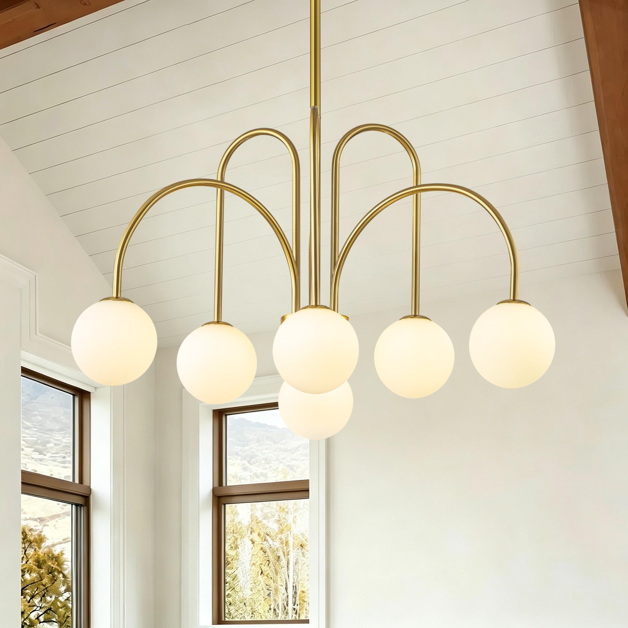 6-Light Modern Gold Chandelier Linear Sputnik Frosted Glass Globe Chandelier Pendant
