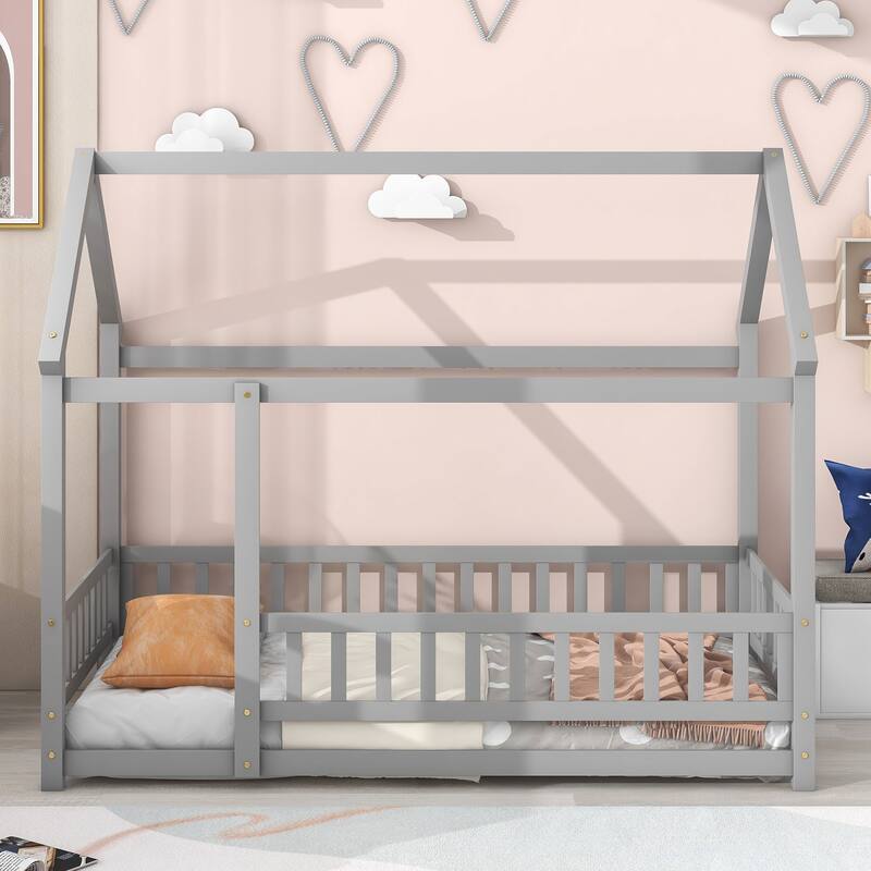 Twin Size Floor Wooden Bed with House Roof Frame, Fence Guardrails, NO Box Spring Required, Easy Assembly