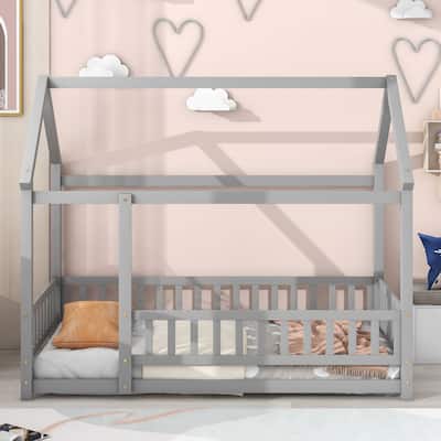 Wooden Floor Platform Bed with House Roof Frame, House Shaped Floor Bed Frame with Fence and Wood Slats Support