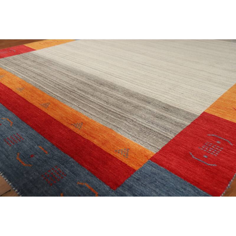 Hand Knotted Oriental 100% Wool Carpet Tribal Bordered Beige & Ivories Gabbeh Area Rug - 9' 9'' X 6' 8''
