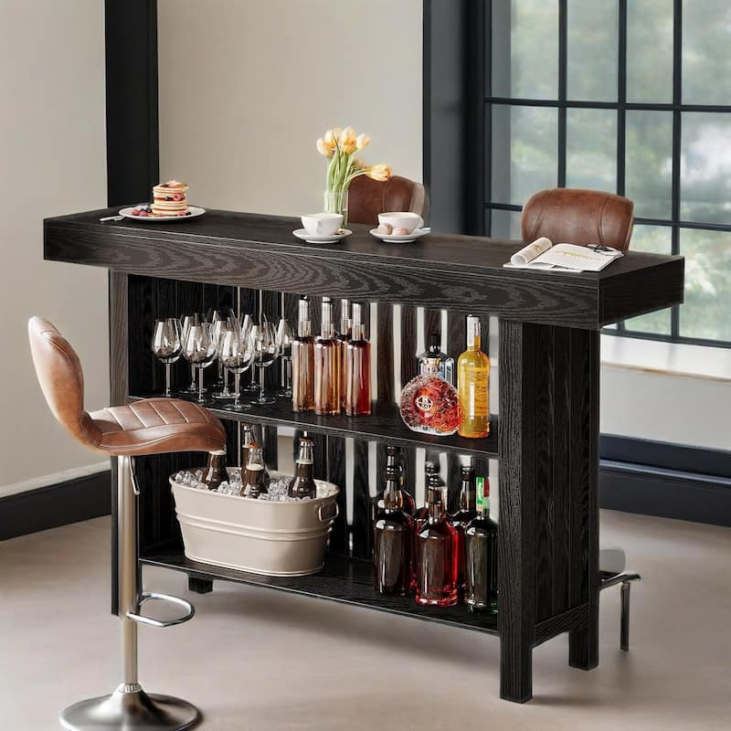 Modern Black MDF Home Bar Table with Storage Shelves and Footrest for Dining Room - 62.99”L x 15.75”W x 41.53”H