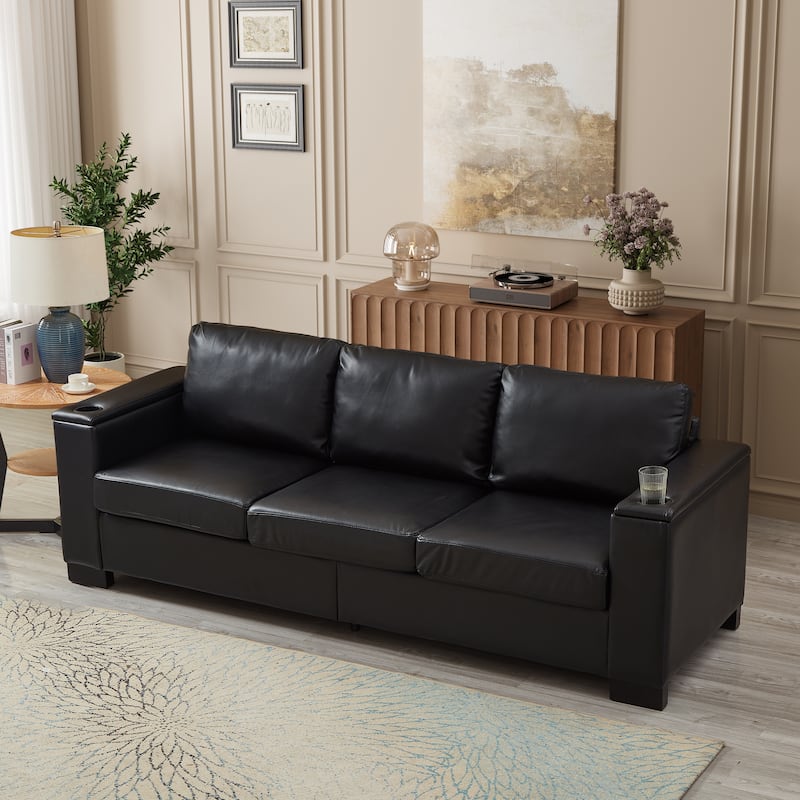 93.7" Modern Style Sofa Faux Leather Couch,Square Arm Sofa With Cup Holder,Storage Sofa,Upholstered PU Leather - Black