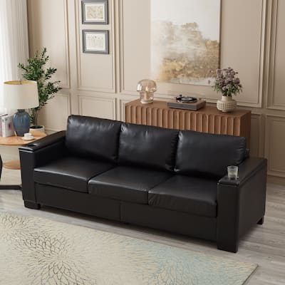 93.7" Modern Style Sofa Faux Leather Couch,Square Arm Sofa With Cup Holder,Storage Sofa,Upholstered PU Leather