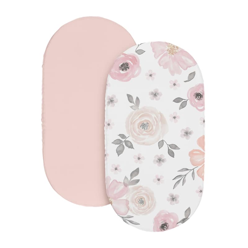 Sweet Jojo Designs Pink Boho Floral Girl 2 Pack Baby Bassinet Fitted Sheets Bohemian Farmhouse Shabby Chic Watercolor Flower