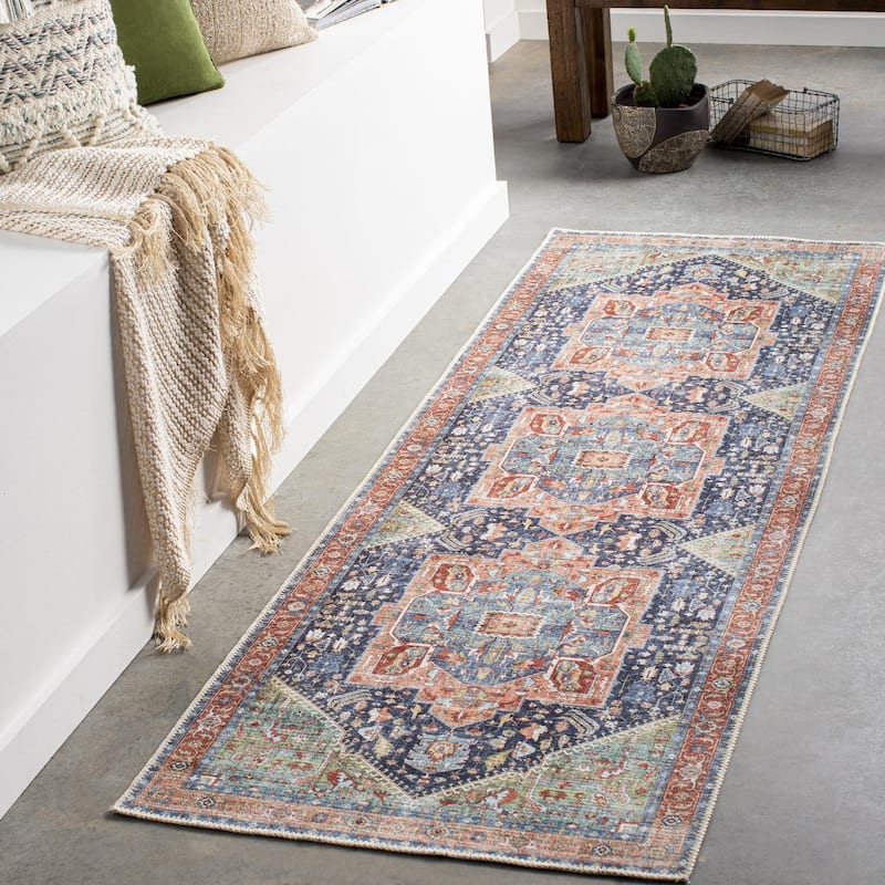 Livabliss Vintage Amelie Medallion Washable Area Rug - 2'7" x 16' - Green/Blue