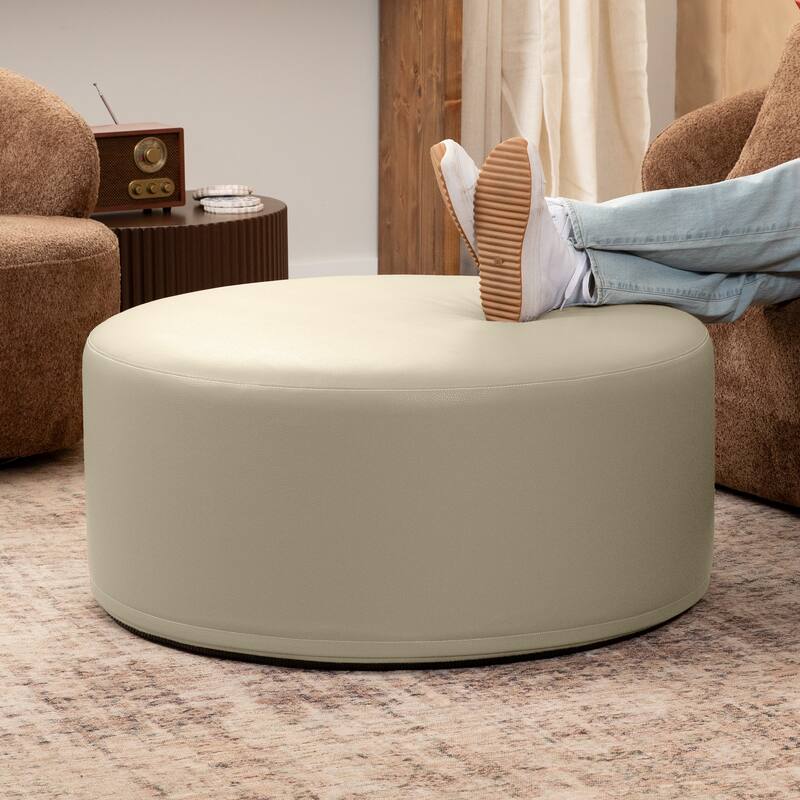 Jaxx Candler Round Couch Ottoman Large Coffee Table & Foot Rest - 36 Inch - Vegan Leather Natural