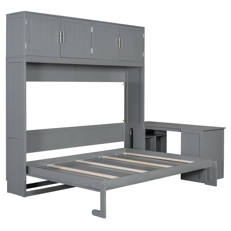 Queen Size Murphy Bed with Storage Shelves and 2 Storage Cabinets, Wooden Foldable Wall Bed Frame with Desk & Hydraulic Lift