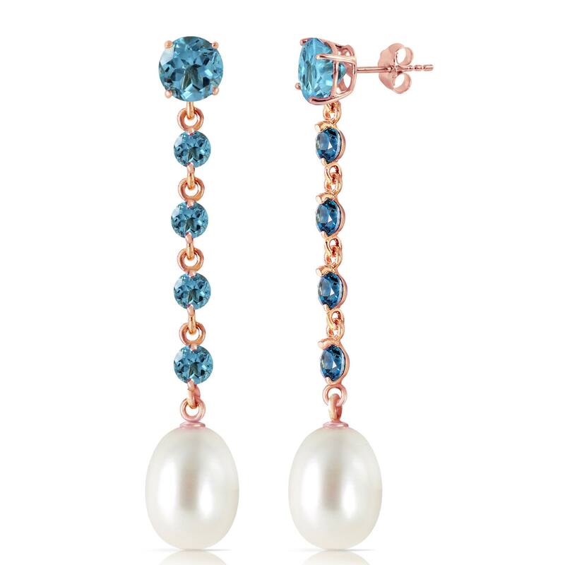 14K Solid Gold Chandelier Blue Topaz & Pearl Gemstone Earrings - Rose