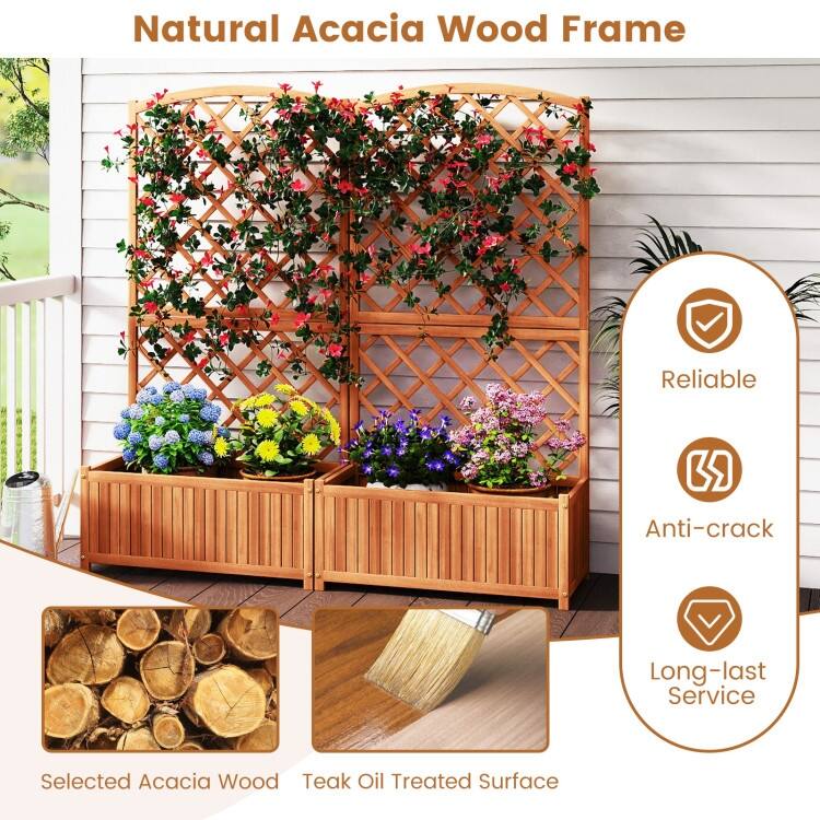 Natural Acacia Wood Raised Garden Bed with Diamond Trellis and Large Planter - 80 x 40 x 160 cm
