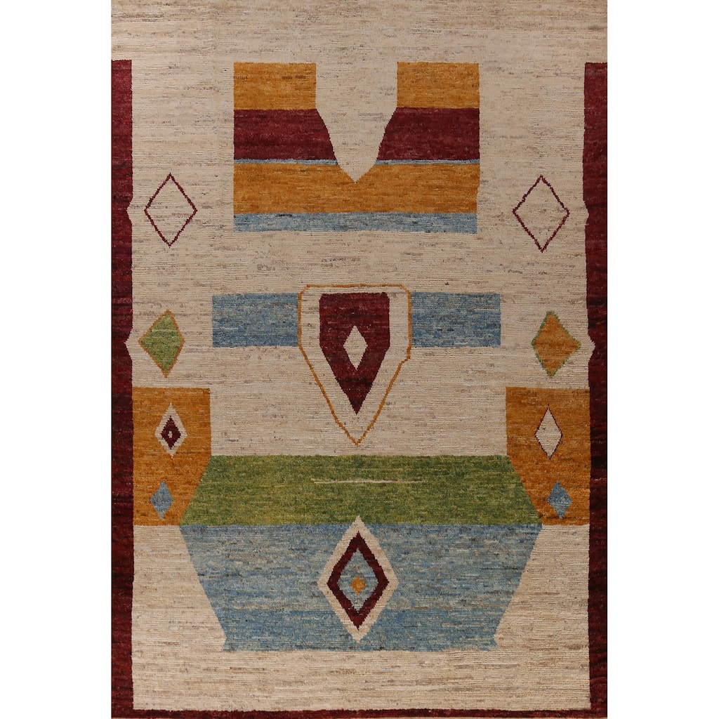 Moroccan Oriental Large Rug Handmade Modern Beige Wool Carpet - 9'11" x 13'8"