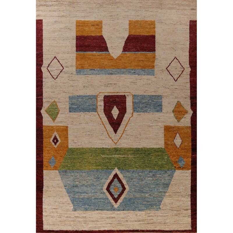 Moroccan Oriental Large Rug Handmade Modern Beige Wool Carpet - 9'11" x 13'8"