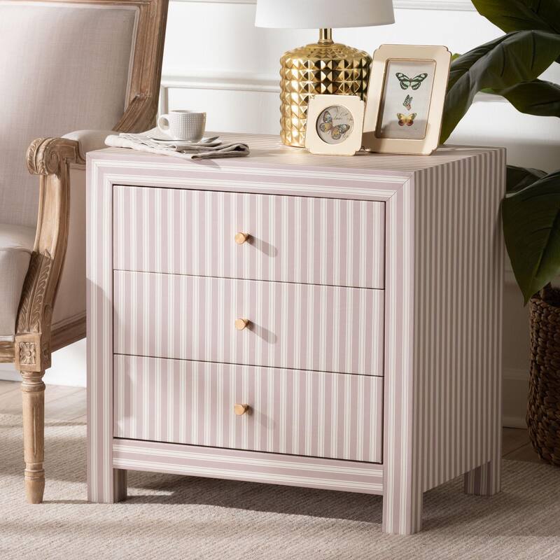 Javianne End Table with Striped Faux Leather - 3-Drawer Storage Cabinet with Gold Knobs