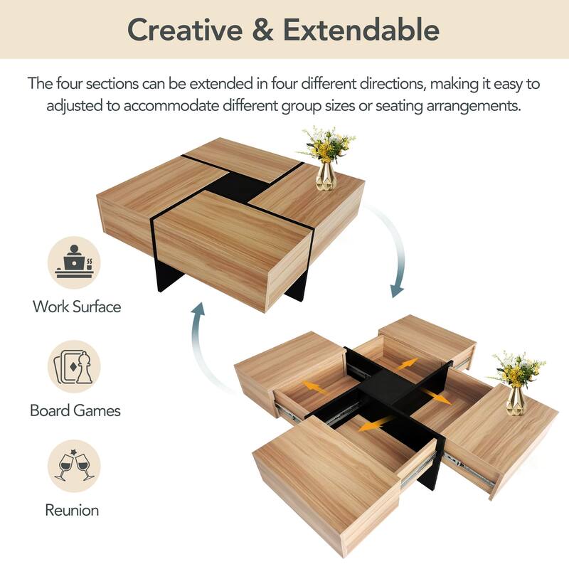 Unique Design Coffee Table with 4 Hidden Storage Compartments, Square Cocktail Table with Extendable Sliding Tabletop