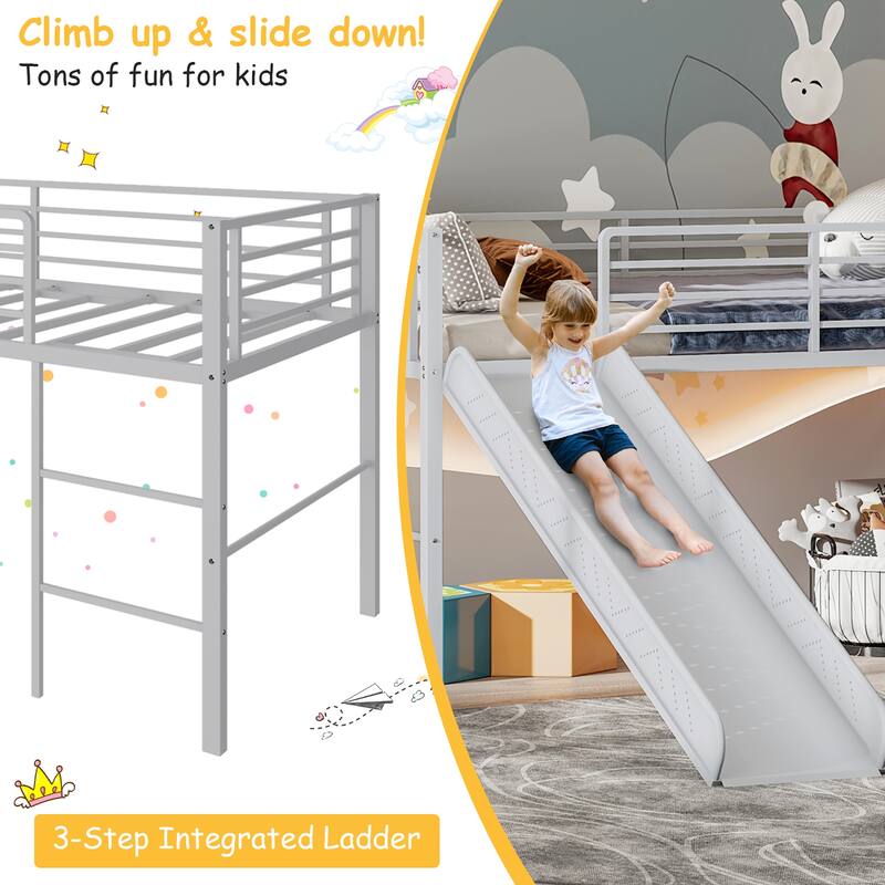 Gymax Twin Metal Loft Bed with Slide Guardrails Built-in Ladder Low