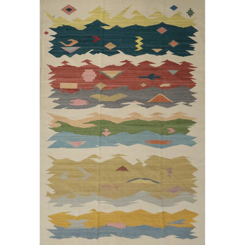 Hand Woven Oriental 100% Wool Carpet Southwestern Modern Multi-Colored Kilim Area Rug - 10' 1'' X 8' 4''