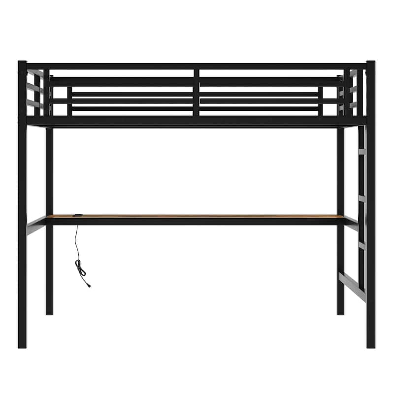 Metal Full Size Loft Bed with Wood Desk, USB, Power Outlet and LED Lighted, High Loft Bed with Ladder and Safety Guardrails