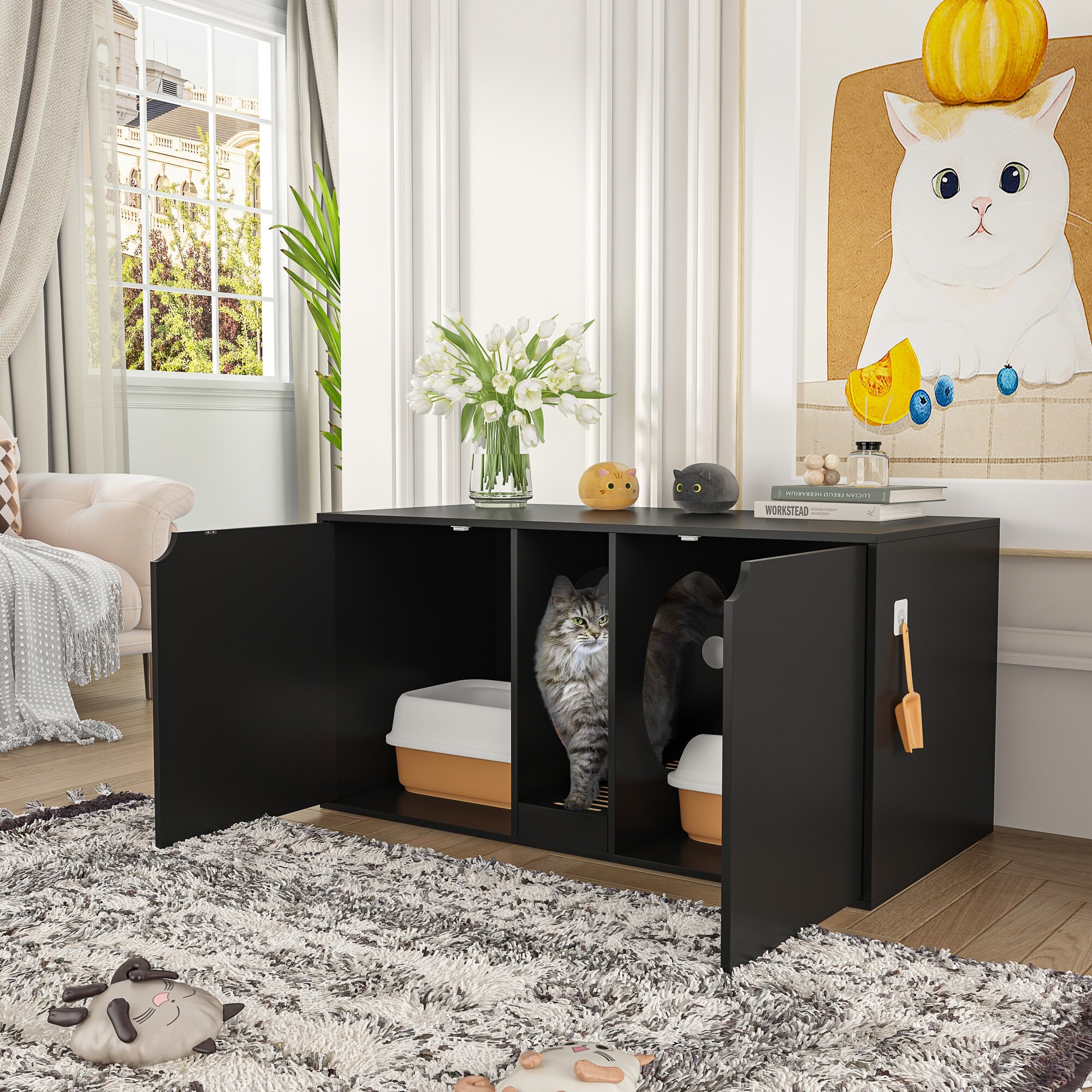 Hidden Cat Litter Box Enclosure Furniture Cat Washroom w Double Room Bed Bath Beyond 38296299