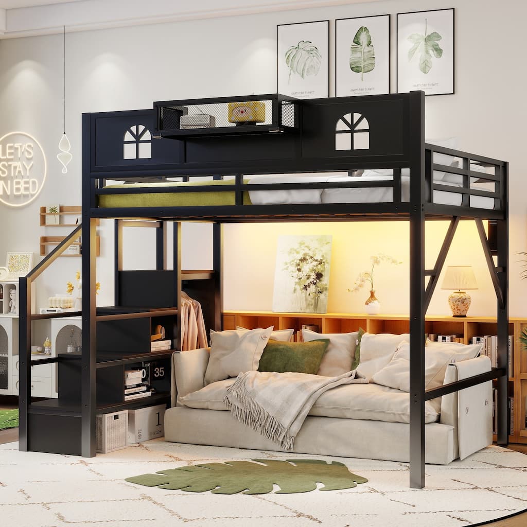 Full / Queen Size Loft Bed with Stairs, House Shaped Guardrails, and Wardrobe Storage