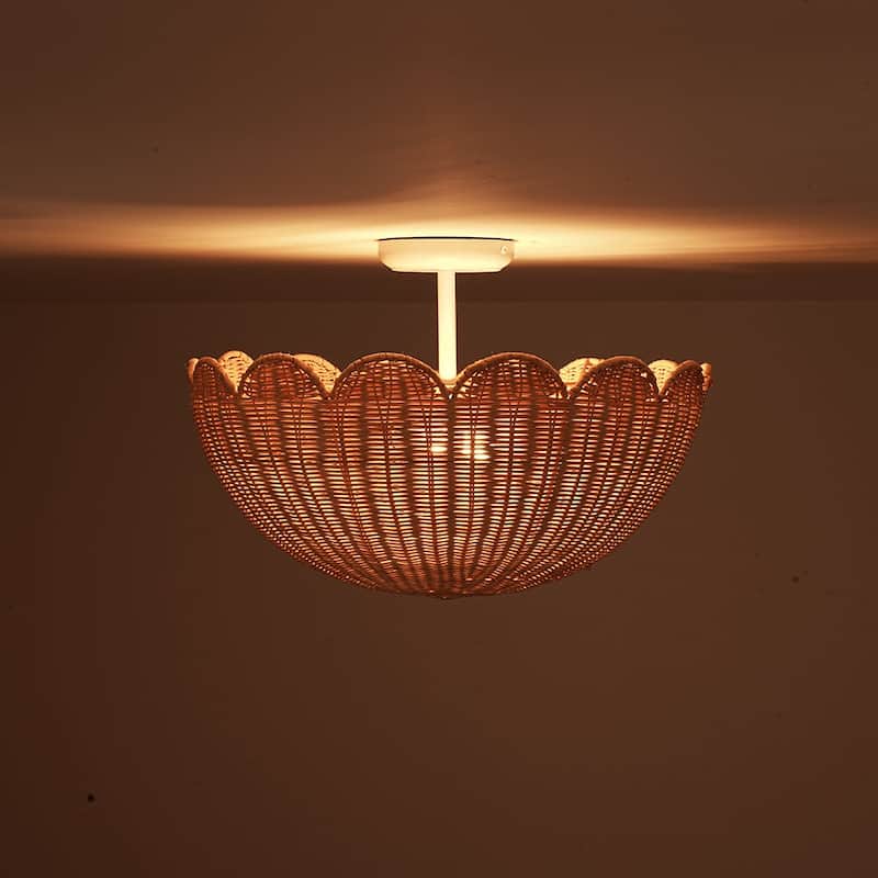 2-Light Coastal Style Scallop Rattan Semi Flush Mount - 17.7in