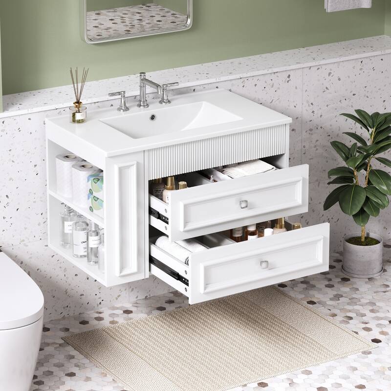 30'' Wall Mounted Bathroom Vanity with Integrated Sink, Floating Bathroom Storage Cabinet with 2 Drawers & Side Shelf