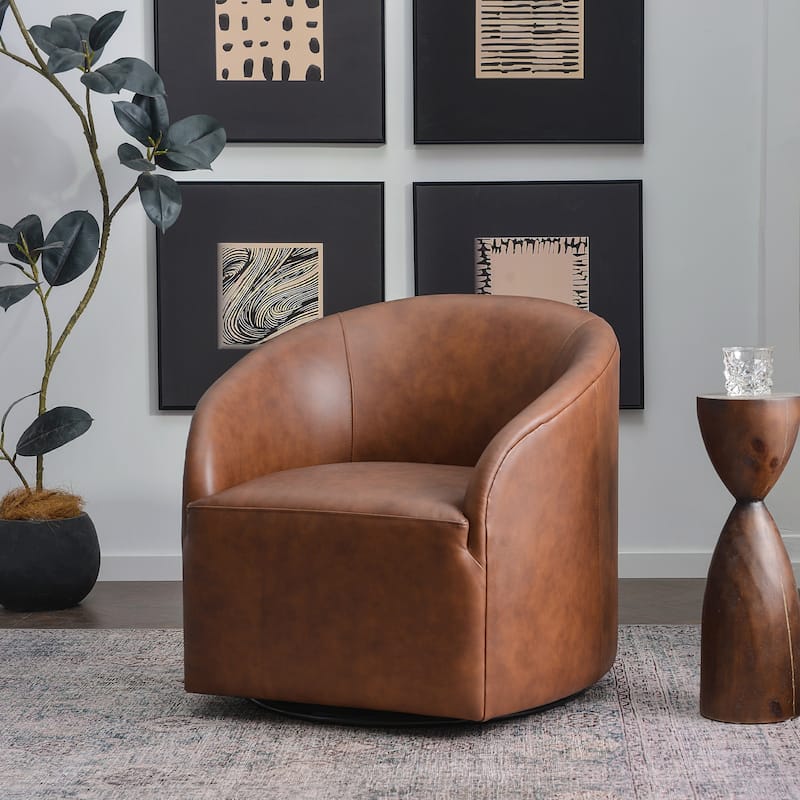 KINWELL 32"W Top Grain Genuine Leather Swivel Barrel Armchair