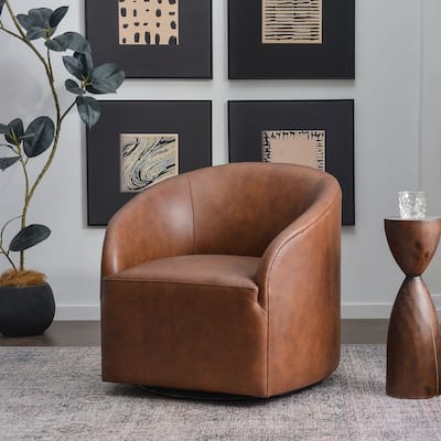 KINWELL 32"W Top Grain Genuine Leather Swivel Barrel Armchair