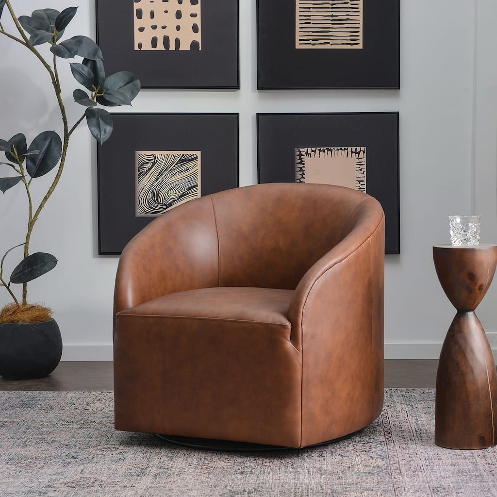 KINWELL 32"W Top Grain Genuine Leather Swivel Barrel Armchair