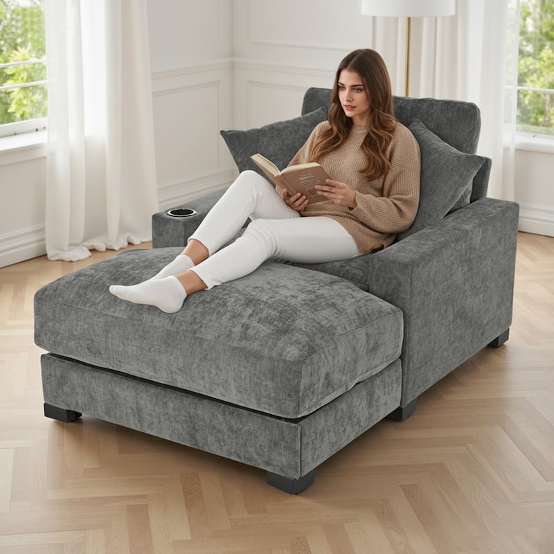 GDFStudio - Polyester 1-Seater 28.3" Chaise Lounge with Tufted Back and Arm - Gray
