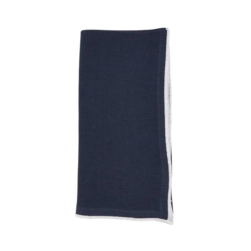 Stonewashed Linen Napkins With Stitched Border Design (Set of 4) - Set of 4 - Midnight Blue