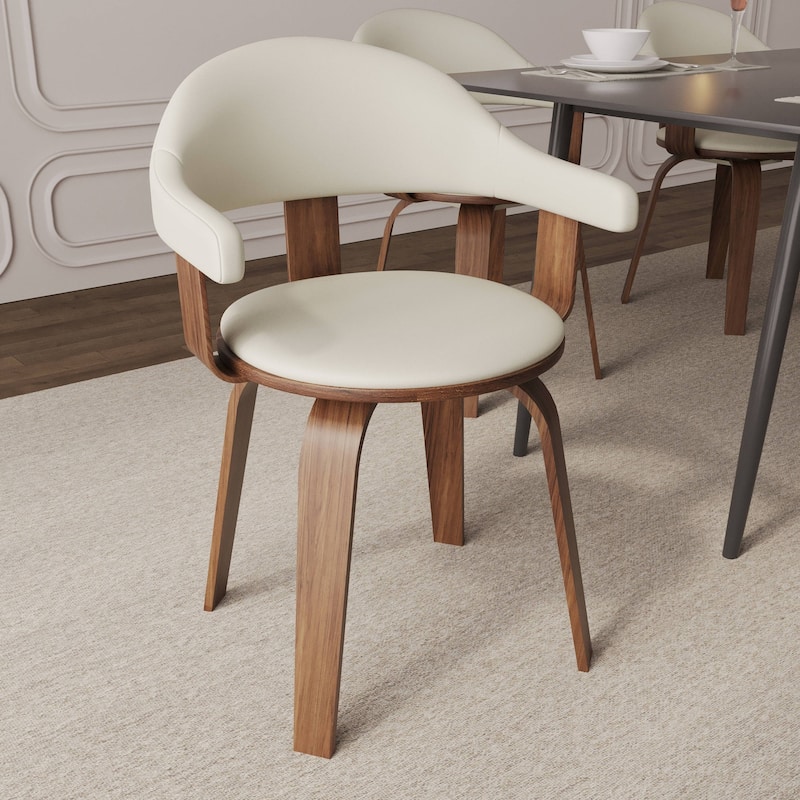 Leather Dining Chair in Solid Wood Accent Arm Chair Open Curved Back Design