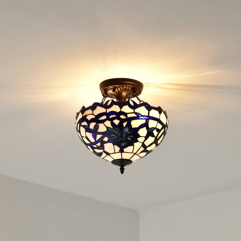 Vayne Blue/White 2-Light Stained Glass Bowl Shade Tiffany-Style Semi-Flush Mount
