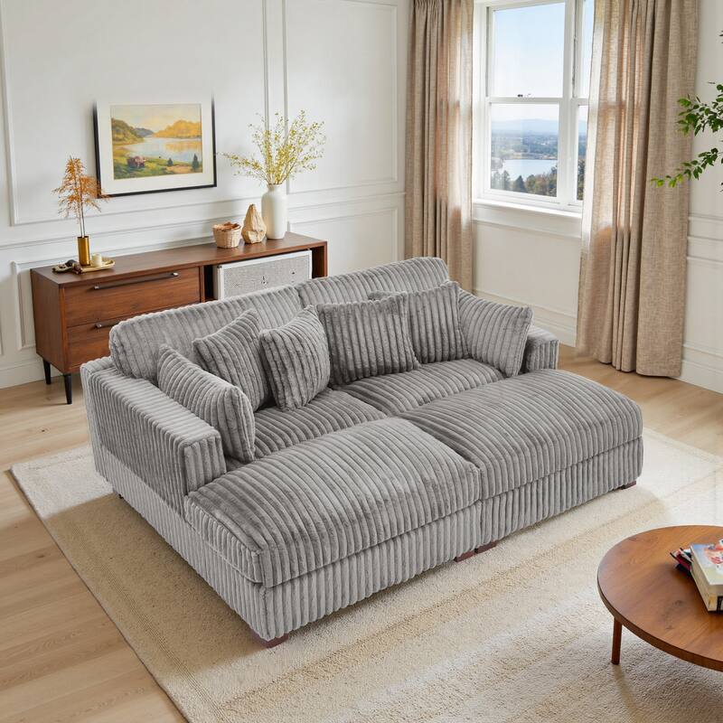 Modern Modular Flannel Fabric Upholstered Sectional Sofa with Square Arm - Light Grey 4 Pillows