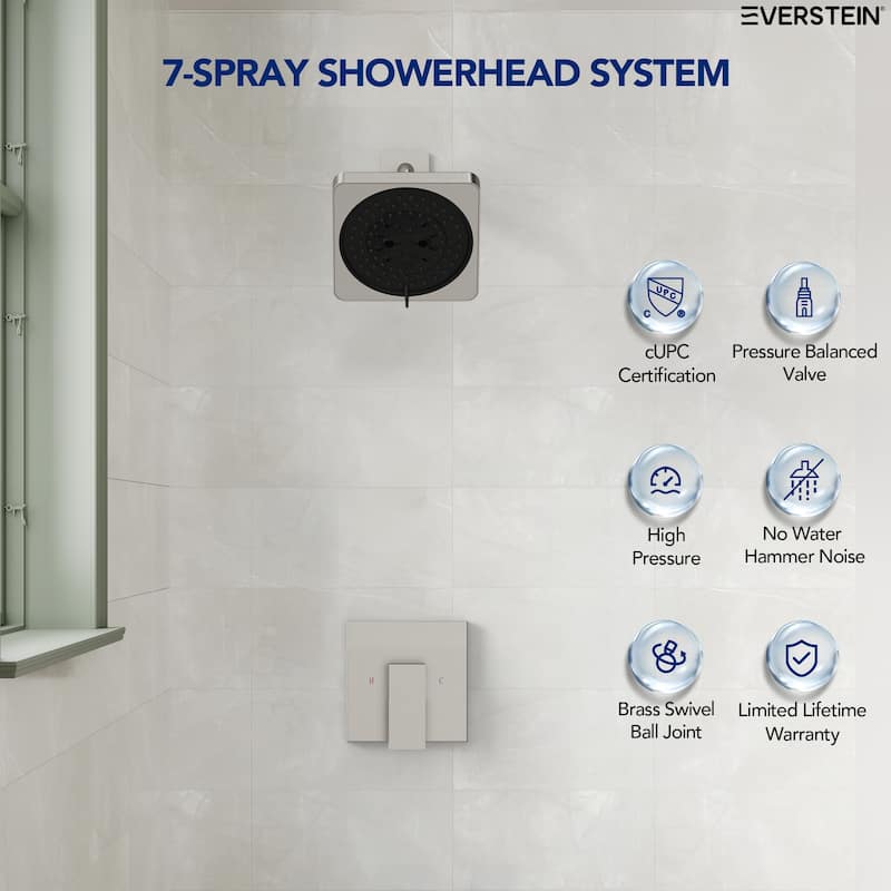 Square Shower System with 7 Spray Modes and Pressure Balance Valve