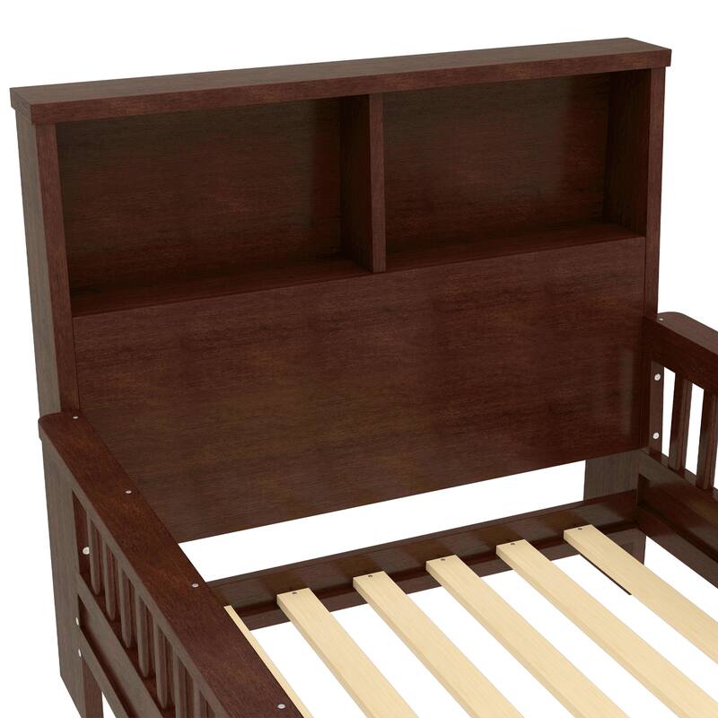 Espresso Twin Platform Bed with Pull-Out Storage Headboard & Safety Rails!