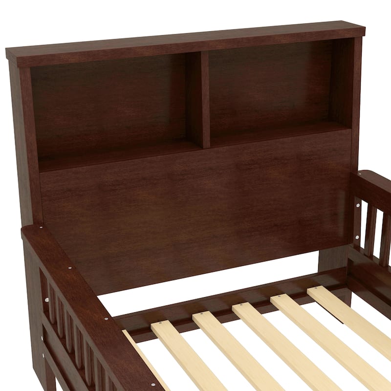 Twin Size Platform Bed with Storage Headboard, Pull-Out Design, High-Quality Safety Rails