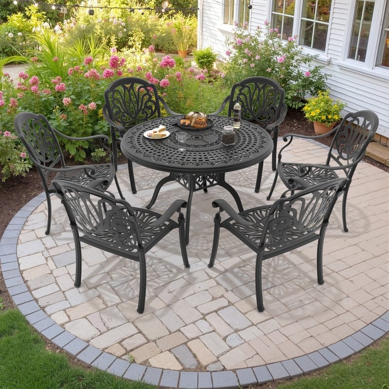 7-Piece Cast Aluminum Outdoor Dining Set with 47.24 in. Round Table and Seat Cushions