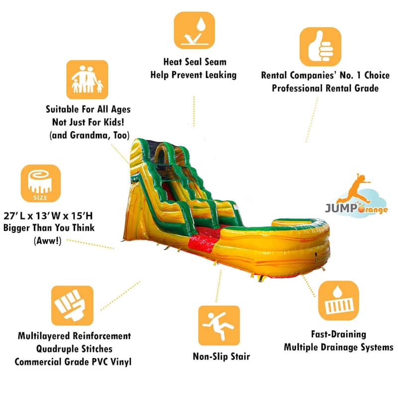 JumpOrange 15' Fiesta Commercial Grade Inflatable Water Slide with Splash Pool for Kids and Adults (with Air Blower)