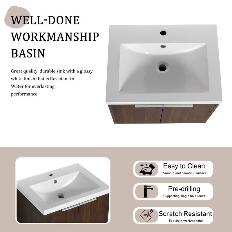BNK 24"/30"/36" Single Sink Bathroom Vanity with Soft Close Door, Modern Floating Vanity