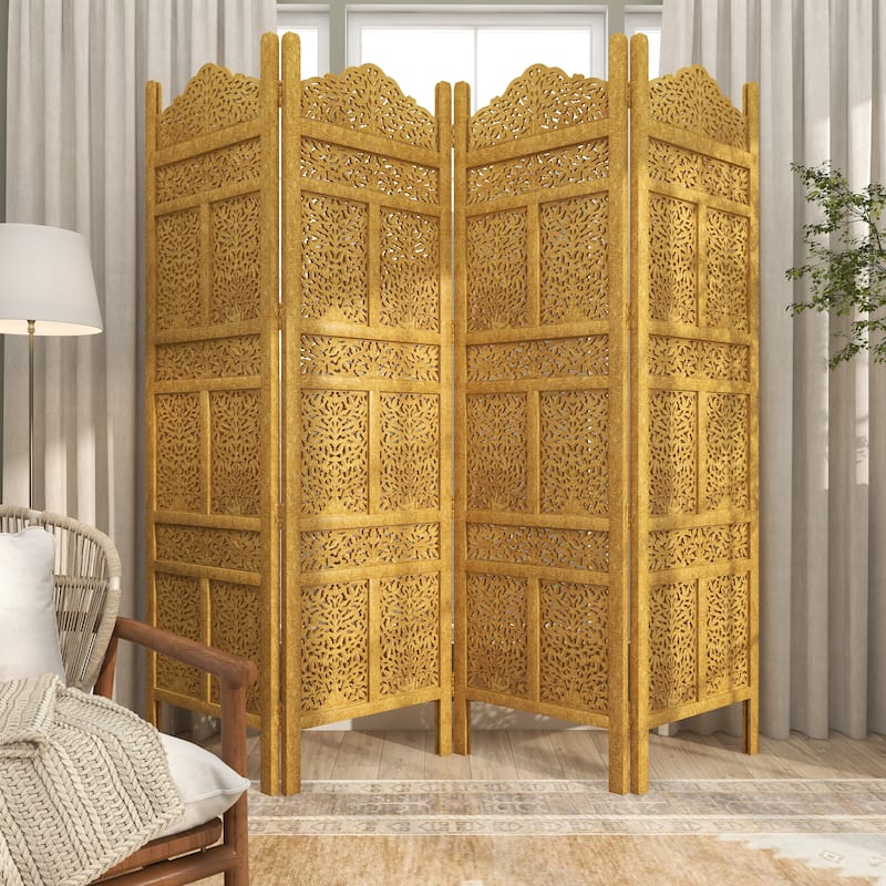 Gold Wooden Handmade Foldable Partition 4 Panel Floral Partition Room Divider Screen with Carved Designs