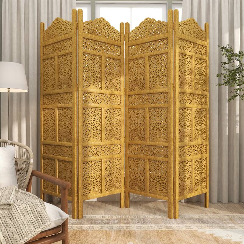Wooden Floral Handmade Foldable 4 Panel Room Divider Screen with Foiled Intricately Carved Designs - Gold - Roche River Decor