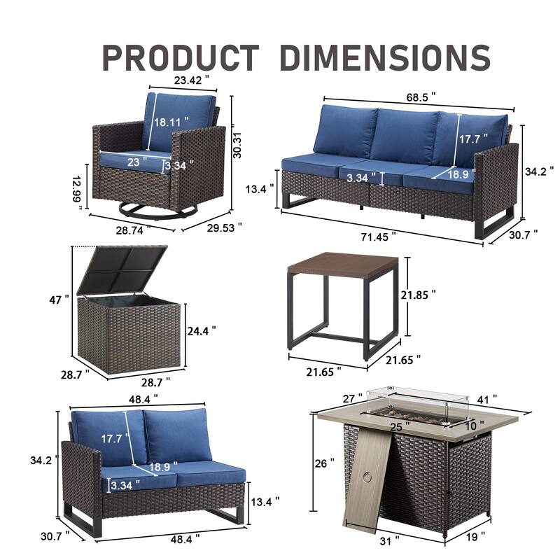 Gymojoy 7 Piece All-Weather Wicker Outdoor Patio Family Conversation Set Group With Fire Pit Table