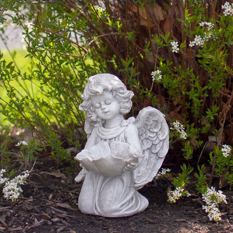 9" Kneeling Angel with Flower Bird Feeder Outdoor Garden Statue