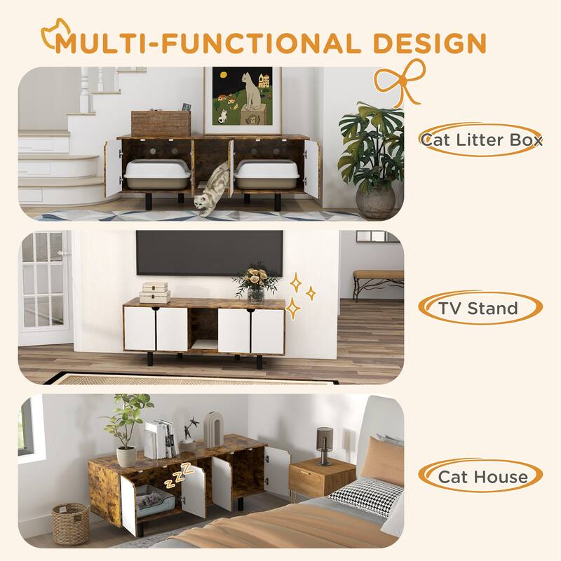 Litter Box Furniture TV Stand with 2 Cabinets - Rustic Brown