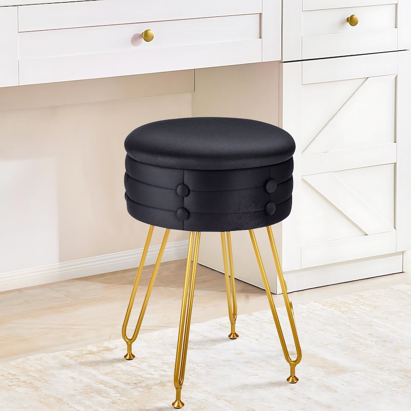 VECELO 18.5"H Multi-Functional Velvet Vanity Stool Tufted Small Vanity Chair with Metal Legs Convertible Storage End Table - Black