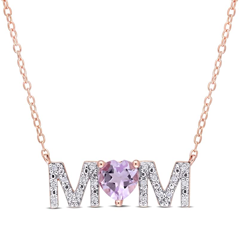 Miadora Heart Rose de France and 1/10ct TDW Diamond "MOM" Necklace in Rose Plated Sterling Silver