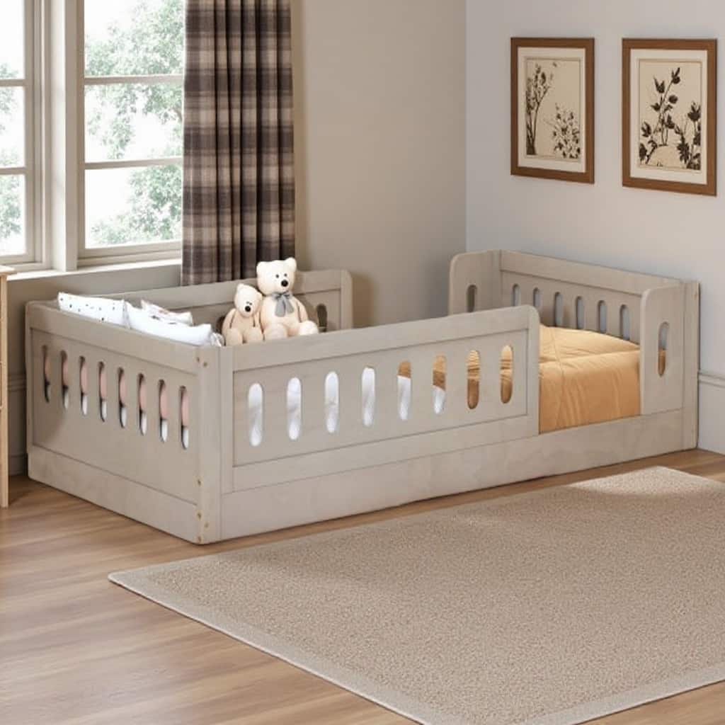 Solid Wood Twin Size Platform Bed for Kids with Side Opening Guardrail, Low Profile Design, No Box Spring Needed