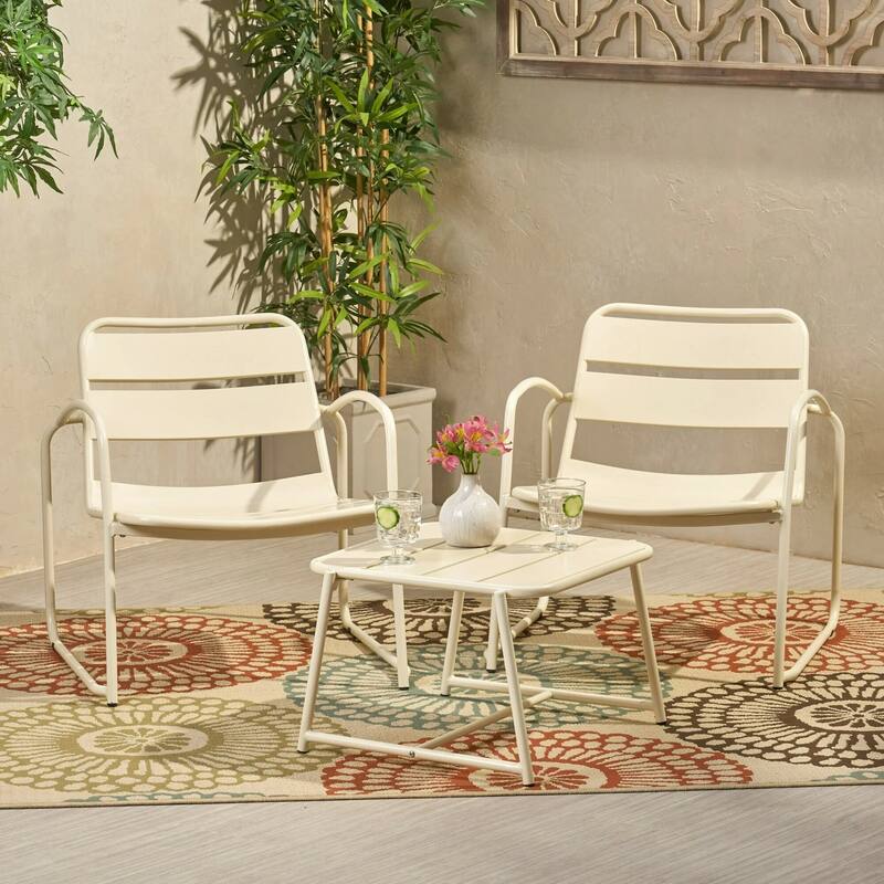 Roomfitters Outdoor Chat Set 3 Piece Metal Conversation Seating Slat Design Iron Chairs