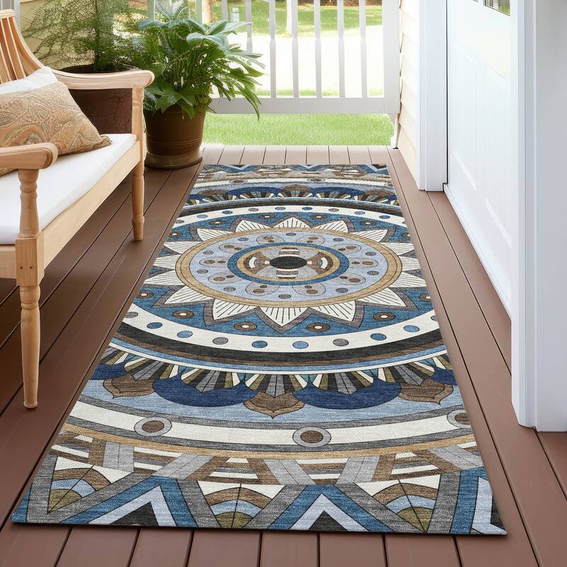 Machine Washable Indoor/ Outdoor Boho Mosaic Chantille Rug - Denim - 2'3" x 7'6"