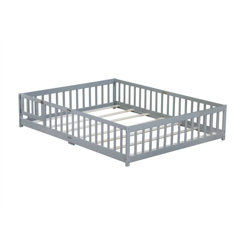 Twin/Full/Queen Size Floor Bed with Fence Guardrails and Door, Rubber Wood Toddler Bed Montessori Bed with Slats Support